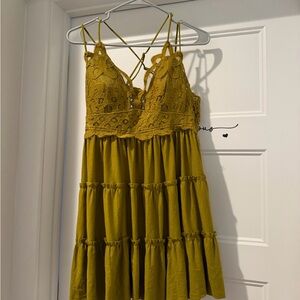 Lace-Trim Spaghetti Strap Tiered Mini Dress - Mustard